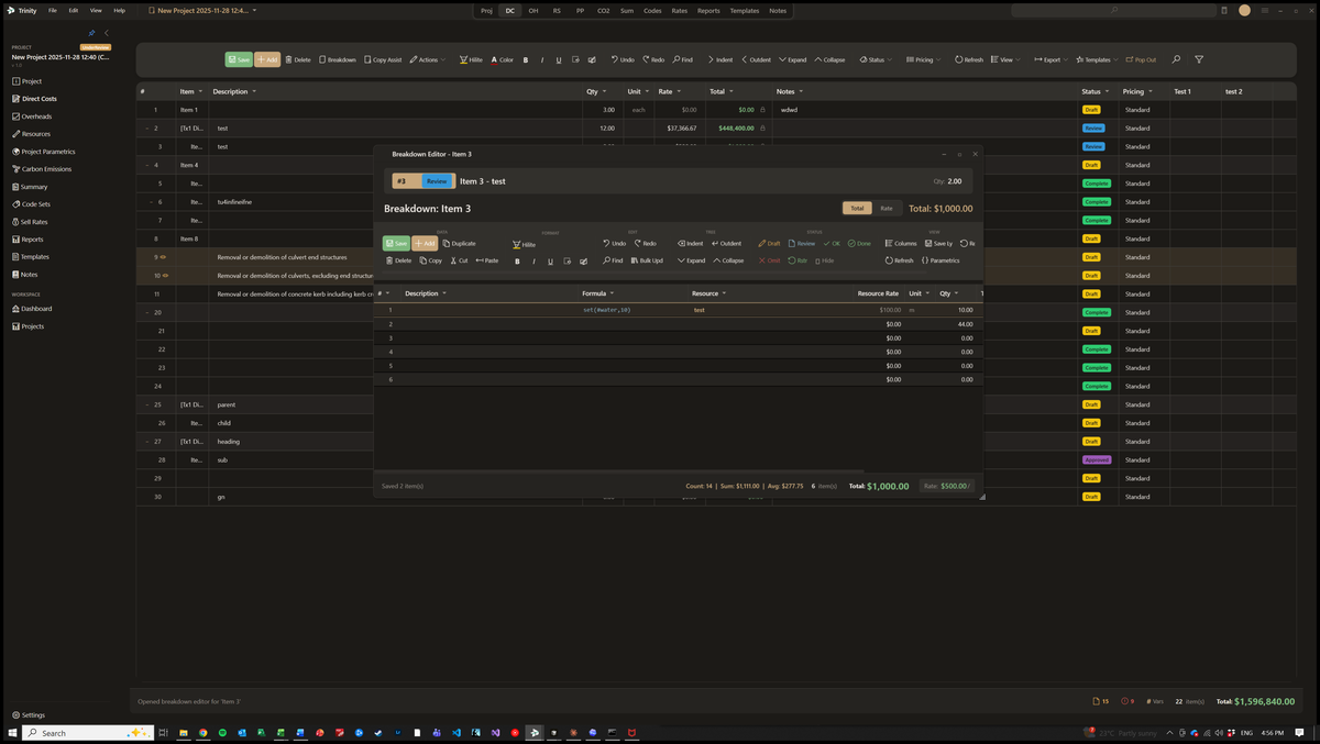 TX1:Trinity breakdown editor with a formula column, line references and resource rates