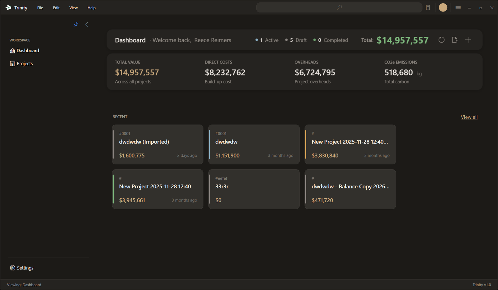 TX1:Trinity dashboard showing project KPIs, cost totals and recent projects
