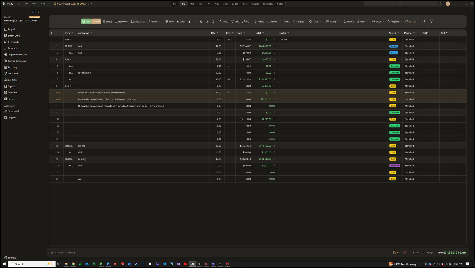 TX1:Trinity direct costs view with line items, quantities, rates and status indicators