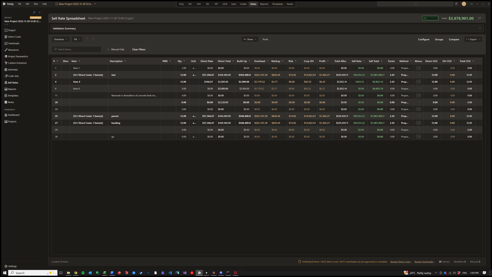 TX1:Trinity sell rate spreadsheet showing rate validation across a project