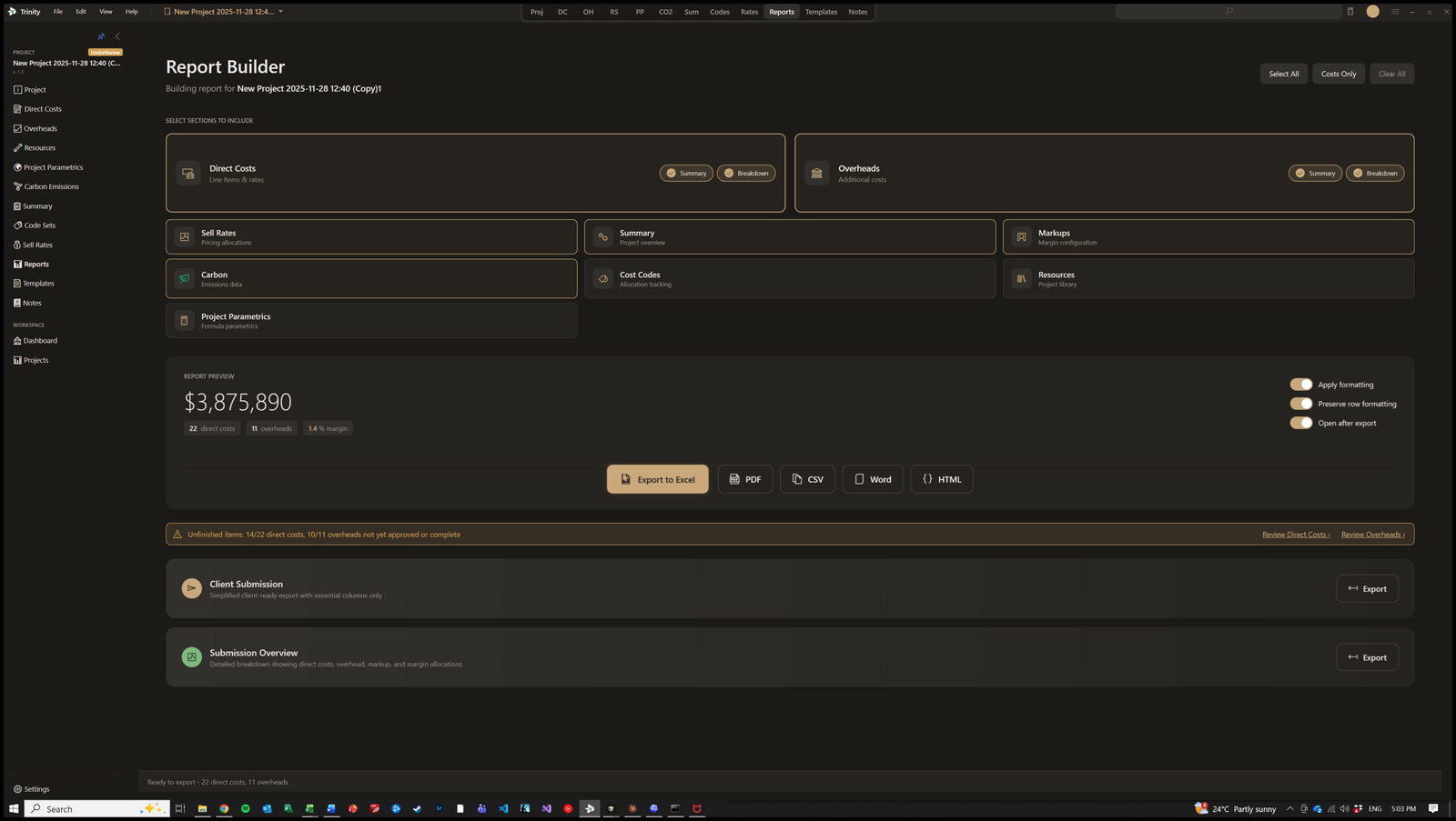 TX1:Trinity report builder with section toggles and export options