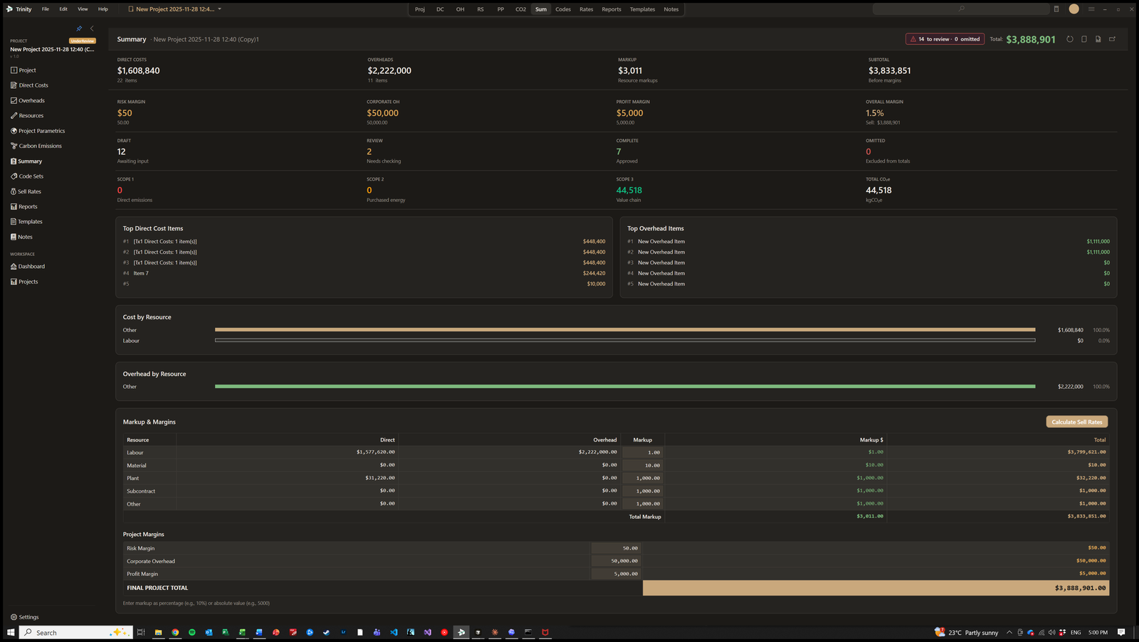 TX1:Trinity project summary with KPIs, top cost items, margins and resource breakdown